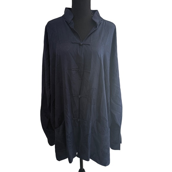 Chase Authentics Tops - Shanghai Tang 100% Silk Mandarin Collar Navy Blue Button Down Shirt Top XXL